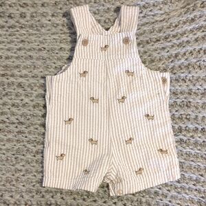 Little Me Beige Striped Overalls with Embroidery